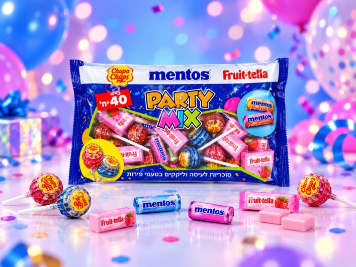 שלושה מותגים במארז אחד: מיקס ממתקים של Mentos, Chupa Chups ו-Fruit-tella