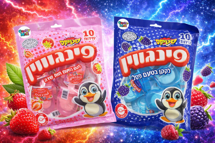 סוכריות לקקן פינגווין – טעם פטל ותות באריזה משפחתית צבעונית