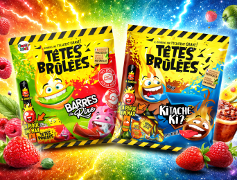 טטס ברולה חמוץ Têtes Brûlées – סוכריות לעיסות בטעמי פטל, קולה, תפוח ותות