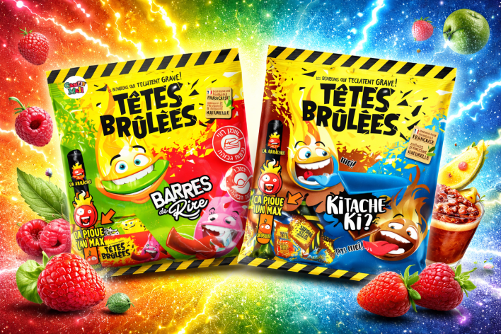 טטס ברולה חמוץ Têtes Brûlées – סוכריות לעיסות בטעמי פטל, קולה, תפוח ותות