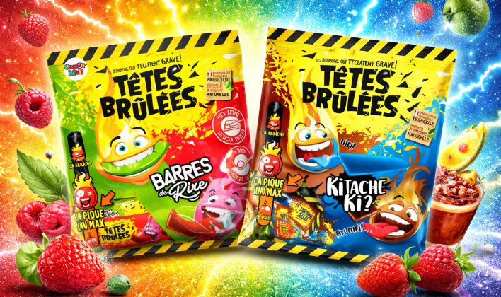 טטס ברולה חמוץ Têtes Brûlées – סוכריות לעיסות בטעמי פטל, קולה, תפוח ותות