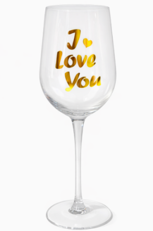 כוס יין רומנטית לבנה עם הכיתוב “I Love You”