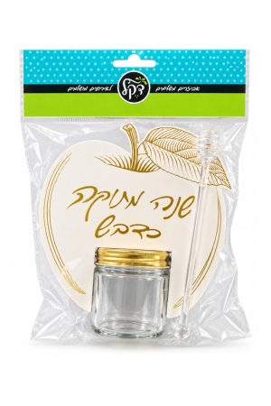ערכת כלי לדבש בצורת תפוח עם צנצנת וכפית דבש
