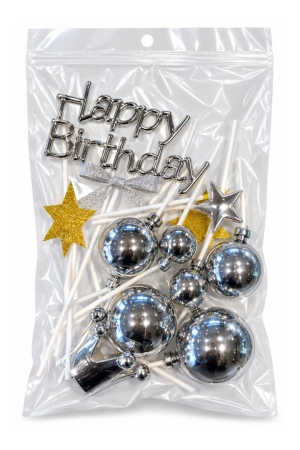 סט טופרים לעוגת יום הולדת כסף Happy Birthday