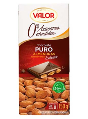 Valor ואלור - טבלת שוקולד מריר עם שקדים שלמים  ללא תוספת סוכר 150G