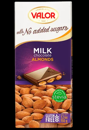 Valor - ואלור - טבלת שוקולד שקדים חלב , ללא תוספת סוכר 150G